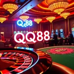 Experience thrilling gameplay at QQ88 with luxurious casino tables and vibrant slot machines, set in a dazzling environment.