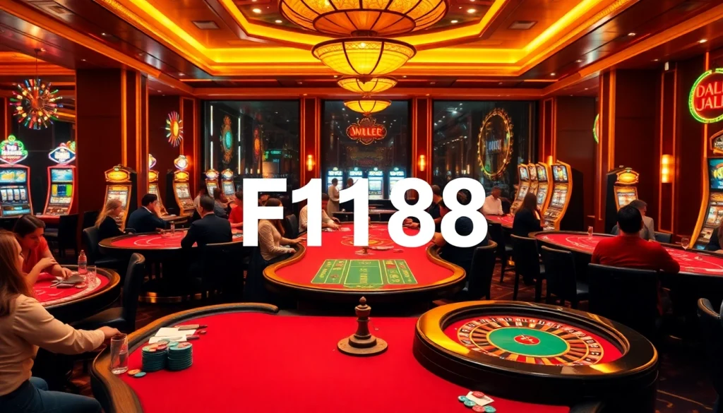 Exciting F168 casino scene with players at blackjack and roulette tables, showcasing vibrant gambling action.